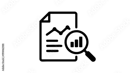 Vector illustration of business report analysis icon with magnifying glass showing line graph and bar chart, financial data inspection concept on a transparent background