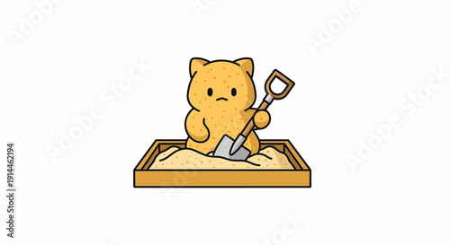 Sad Cartoon Bear Holding Shovel.