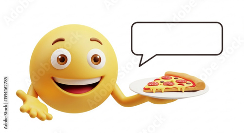 Happy Emoji Offering Pizza Slice with Customizable Speech Bubble