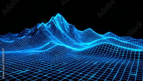 Blue wireframe landscape with glowing grid patterns on a dark background