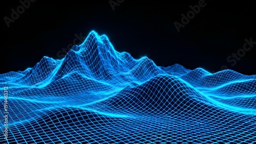 Blue wireframe landscape with glowing peaks and undulating terrain against a dark background