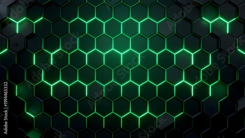 Neon green hexagonal grid pattern on a dark background