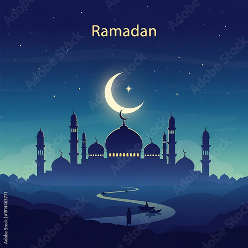 Mosque skyline under crescent moon during Ramadan