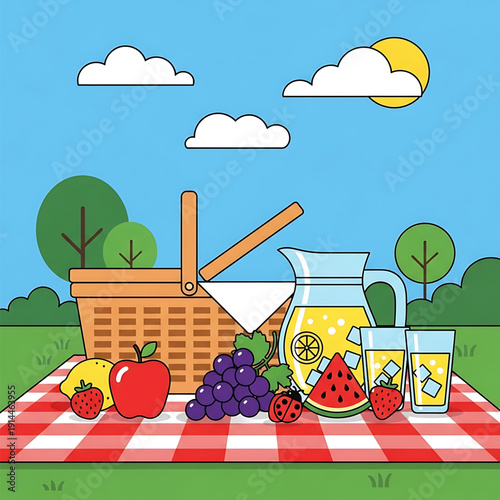 Picnic Basket with Fruit Juice and Snack on Checkered Blanket in Park