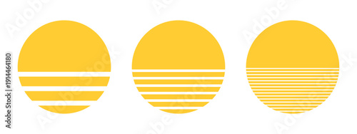 Set of round half-whole and half-striped geometric shapes isolated on white background. Sun or moon silhouettes. Sunrise or sunset concept. Simple design element. Vector flat illustration.