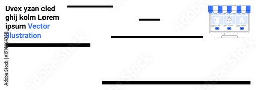 E-commerce, digital marketing, online shopping, web design, internet commerce, retail business. Computer screen a digital storefront with text. E-commerce and digital marketing concept