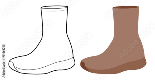 High top stretch brown sneakers shoe flat plus line set. Statement sock trainer for digital design, man woman unisex. Technical fashion illustration, CAD mockup, mixed vector isolated stylish style.