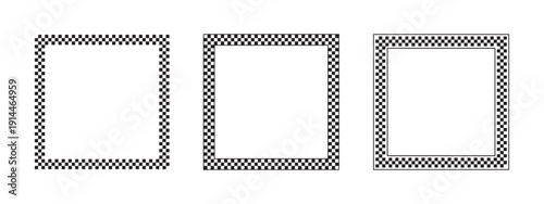Set of square frames with checkered print isolated on white background. Quadrangular vignettes with black and white checkerboard, rally flag or chess game plane pattern. Vector graphic illistration