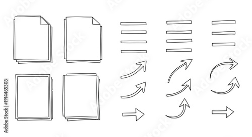 Hand-Drawn UI Elements - Documents, Menus, and Arrows.