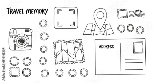 Hand-drawn travel memory collection with camera, maps, postcards, and stamps.