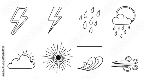 Hand-drawn weather icons set with lightning rain sun and wind.