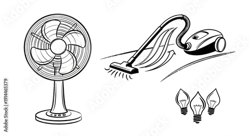 Household Appliances - Fan, Vacuum Cleaner, and Light Bulbs Line Art.
