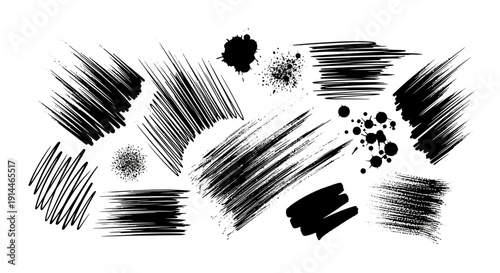 Ink brush strokes and splatters create artistic textures and patterns.