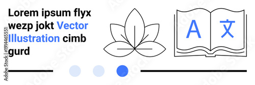Open book with language symbols next to abstract lotus flower centerpiece with placeholder text. Ideal for education, translation, wellness, mindfulness, creativity, spirituality, simple landing page