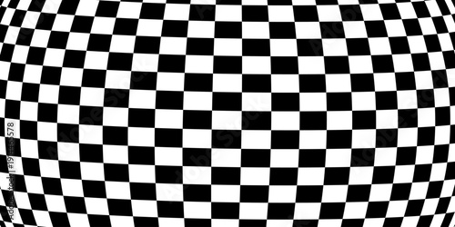 Checkered texture with convex effect. Inflated pattern with black and white squares. Race flag, chess board or plaid print. Checkerboard surface with optical illusion. Vector graphic illustration
