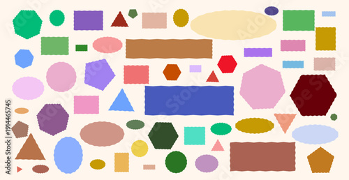 Set of wavy outline geometric frames. Curly triangle, oval and rectangle borders for text highlights, card edges and decorative elements. Irregular shape silhouettes vector