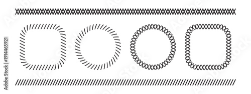 Set of borders and frames with slash and crossed lines print. Tilted stitches and crosses embroidery ornaments on white background. Simple sewing overlock fabric prints. Vector graphic illustration