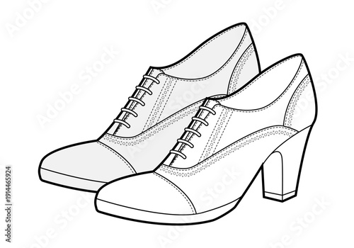 Oxford pump women heel sketch pair. Lace up brogue inspired dress footwear for office vintage outfit, smart look. Technical illustration, CAD mockup, detailed vector men unisex isolated classic style.