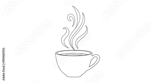 Minimalist one line art of a steaming hot coffee cup.