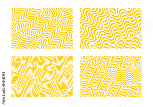 Set of pasta or ramen patterns. Backgrounds with wavy yellow lines. Spaghetti, noodle, tagliatelle or capellini textures. Traditional Italian or Chinese cuisine prints. Vector illustration.