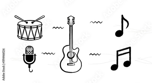 Musical instruments and notes illustration, drum, guitar, microphone, and music symbols.