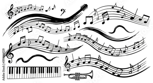 Musical notes and instruments illustration, music themed design elements.