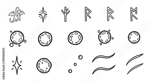 Mystical symbols and celestial bodies in a cosmic arrangement.