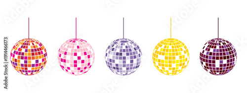 Set of colorful discoballs. Collection of retro music party shining spheres. Glitterball shapes. Mirror balls for night club discotheque in 70s 80s 90s style. Vector flat illustration