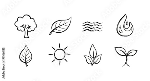 Nature Elements Sketch - Tree, Leaves, Water, Fire, Sun, Sprout.