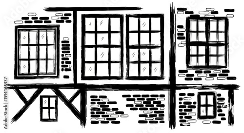 Old brick building facade with multiple windows and wooden beams.