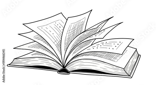 Open Book with Flipping Pages and Detailed Line Work.