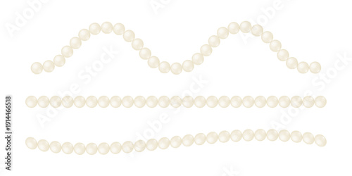 Wavy and straight strings of pearls isolated on white background. Threads of beads for bracelet or necklace. Elegant jewelry borders. Wedding accessories. Vector realistic illustration.