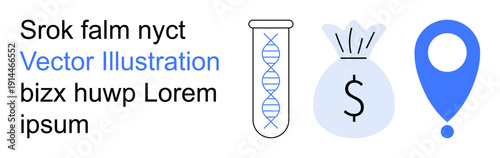 Science, research, finance, location, innovation, technology. A DNA helix, money bag with a dollar symbol and a blue map pin icon side by side. Science and finance concept