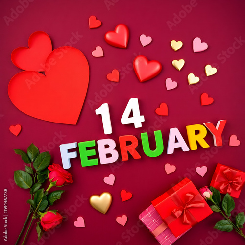 Valentine’s Day 14 February Text With Hearts Roses Gifts