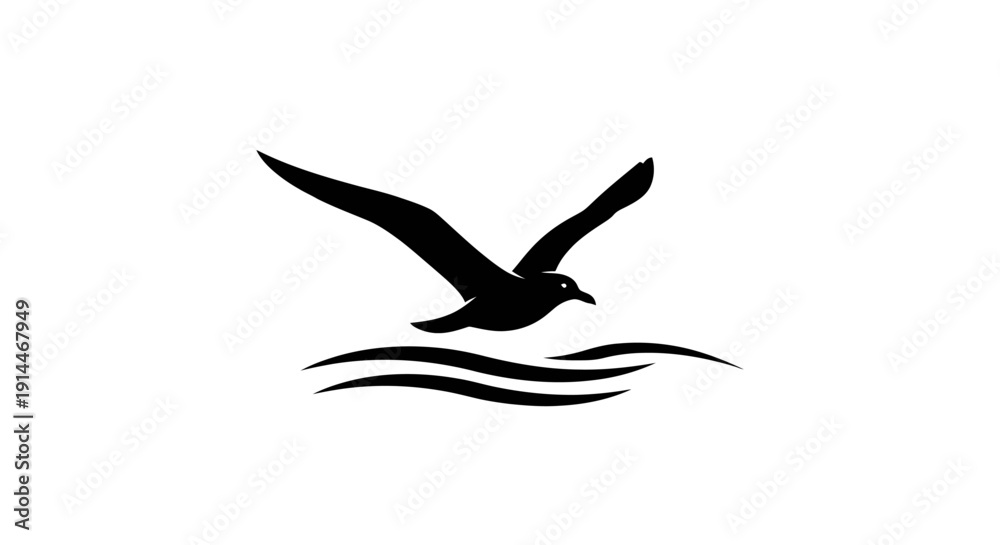 Obraz premium Stylized Black and White Bird Flying Over Water Symbol