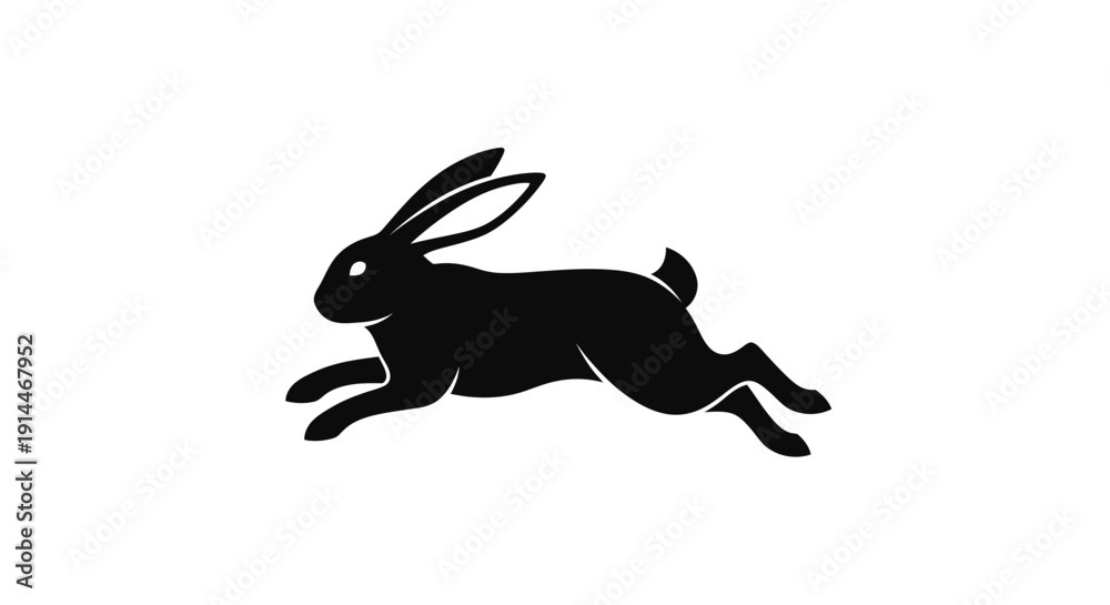 Fototapeta premium Black Silhouette of a Running Hare on White Background