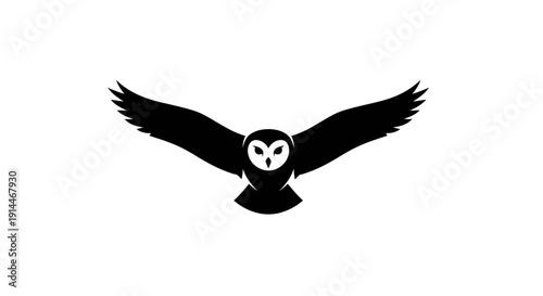 Silhouette of Majestic Owl in Flight Against White Background