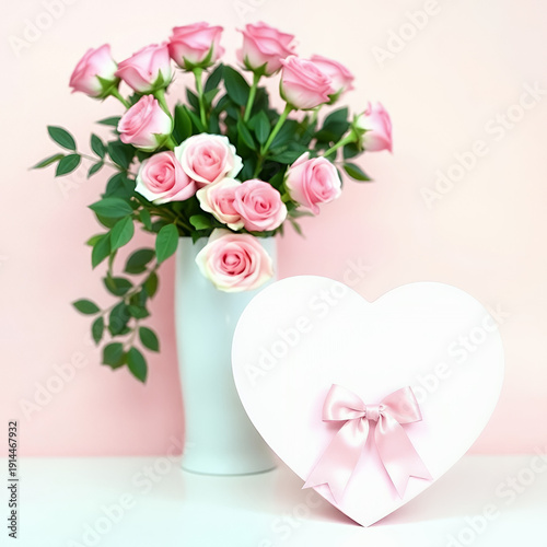 Pink Roses Bouquet In Vase With Heart Box