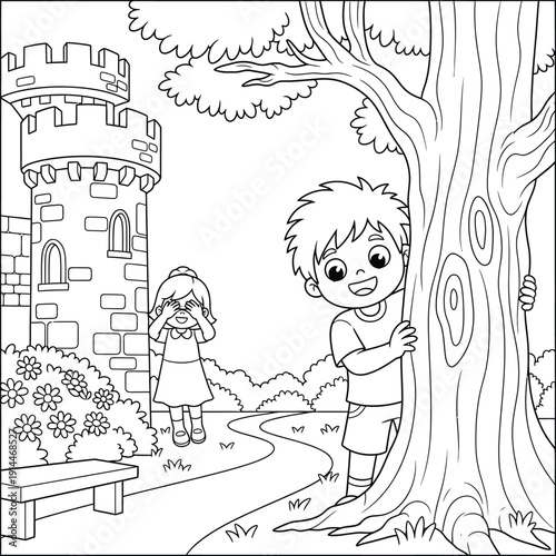 Black and white coloring page of two children playing hide-and-seek in a park with a boy peeking from behind a tree and a girl counting near a castle.