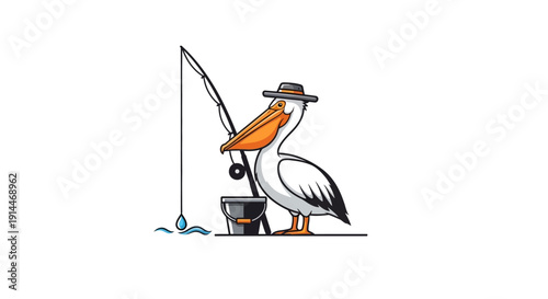 Cartoon Pelican Wearing Hat Fishing.
