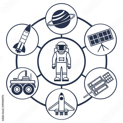 Astronaut surrounded by space exploration elements in modern graphic design