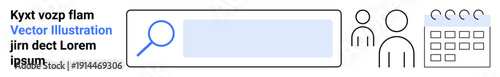 Digital tools, user interface, online search, task planning, resource access, profile management. Search bar, icons of people and a calendar are . Online search and task planning concept