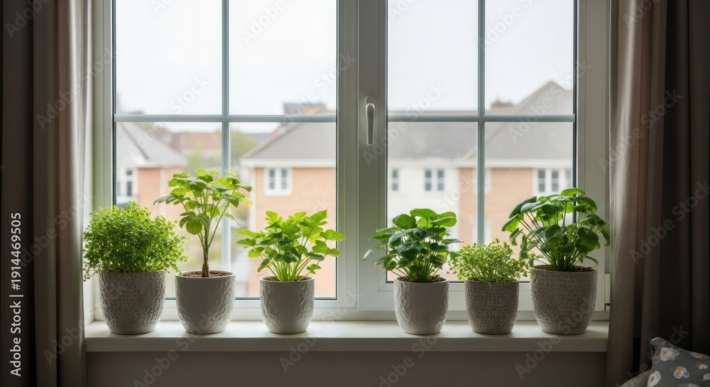 Fototapeta premium potted plants on a windowsill with a view of houses outside