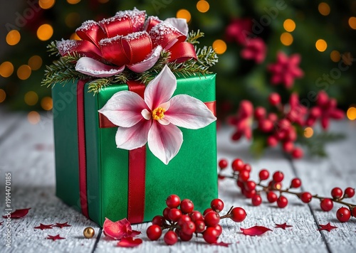 A luxuriously wrapped gift box evokes warmth and anticipation amidst snow and festive beauty.