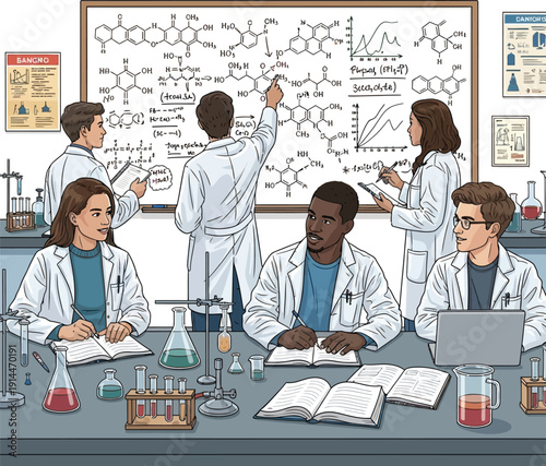 Scientists in lab coats work together on chemistry experiment with formulas on whiteboard
