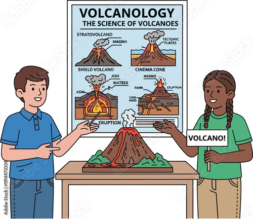 Two children explaining volcano types and science concepts on a diagram