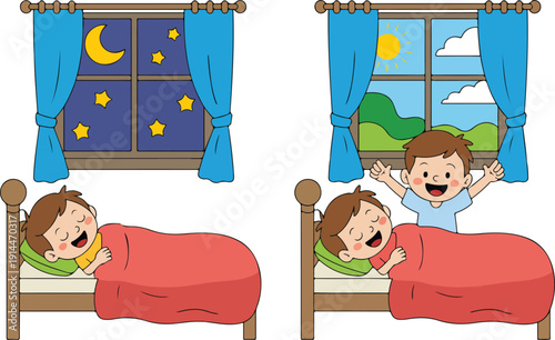 Night and Morning Daily Routine Cartoon Illustration Child Sleeping and Waking Up with Time Change Concept