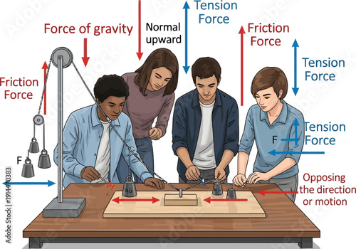 Students conduct an experiment to demonstrate friction force and tension force on a wooden board.