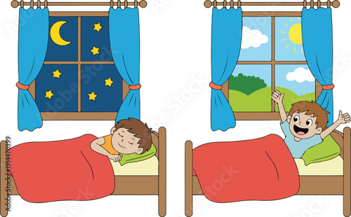 Night and Morning Daily Routine Cartoon Illustration Child Sleeping and Waking Up with Time Change Concept