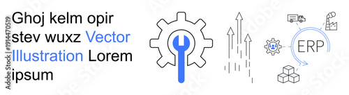 Enterprise resource planning, supply chain, logistics, manufacturing, workflow, business management. Gear with wrench, arrows ERP text and logistics icons. ERP and supply chain concepts